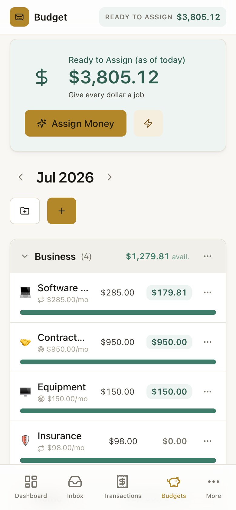 A budgeting app on the phone — ready-to-assign at the top, envelope categories below, each with its funding bar