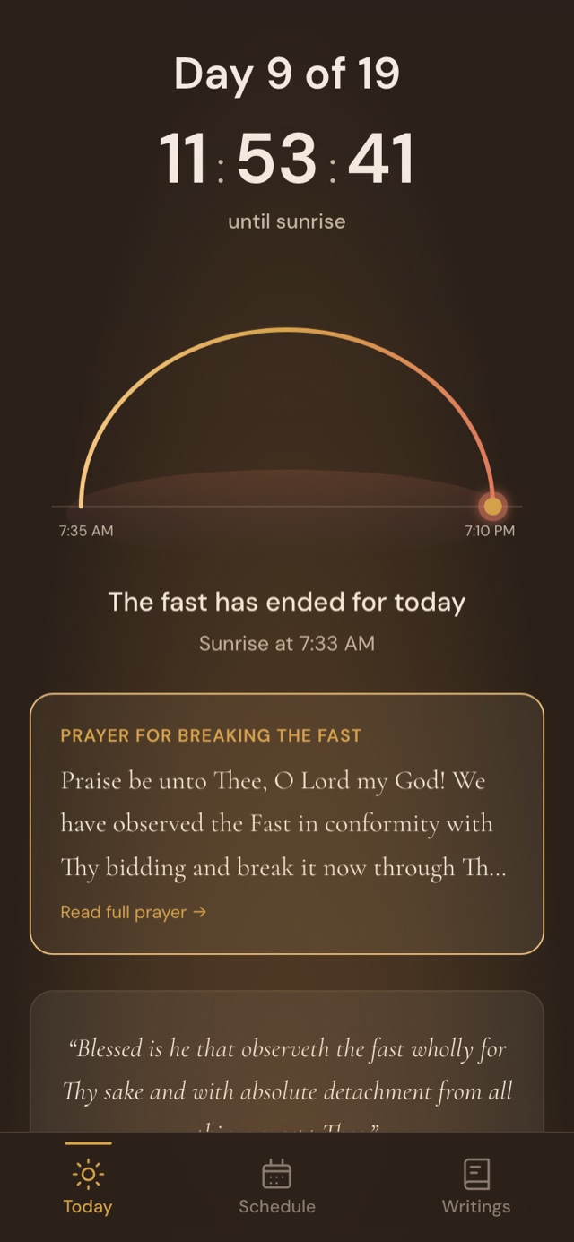 19dayfast at dusk — amber theme, the sun touching the horizon
