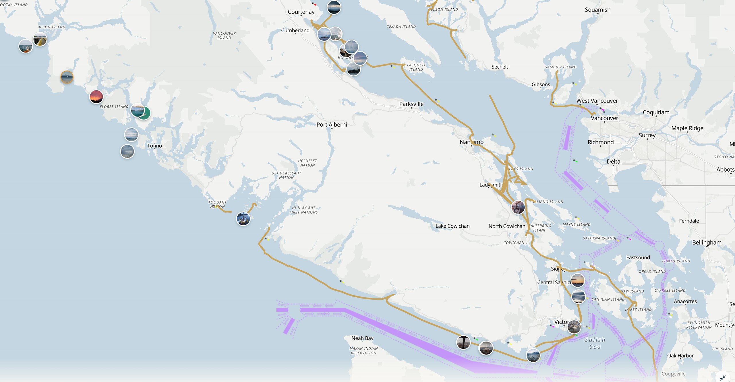 Jura's Log — the live map of sailing tracks along Vancouver Island's coasts, photos pinned along the route