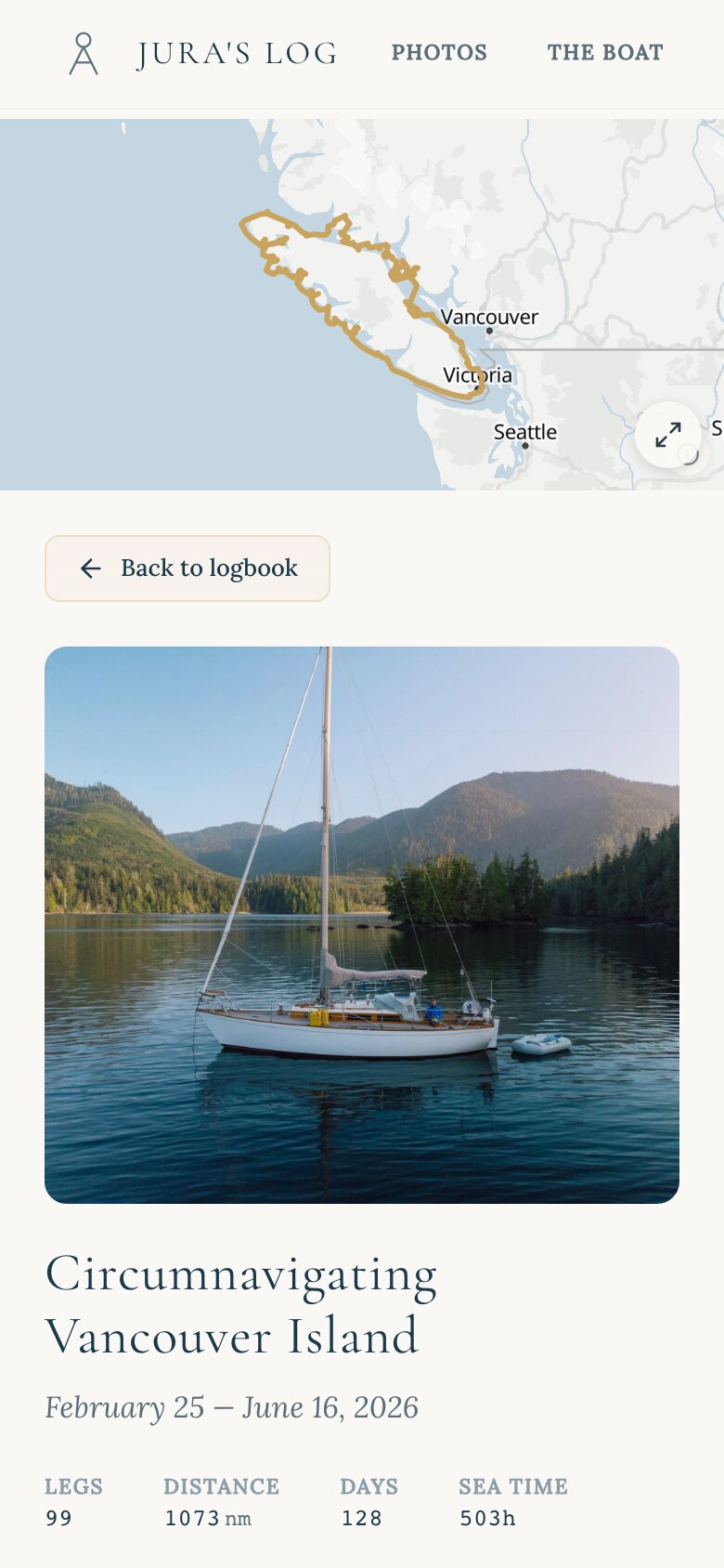 A voyage page on the phone — the full circumnavigation track around Vancouver Island, the boat at anchor, and the voyage's real numbers