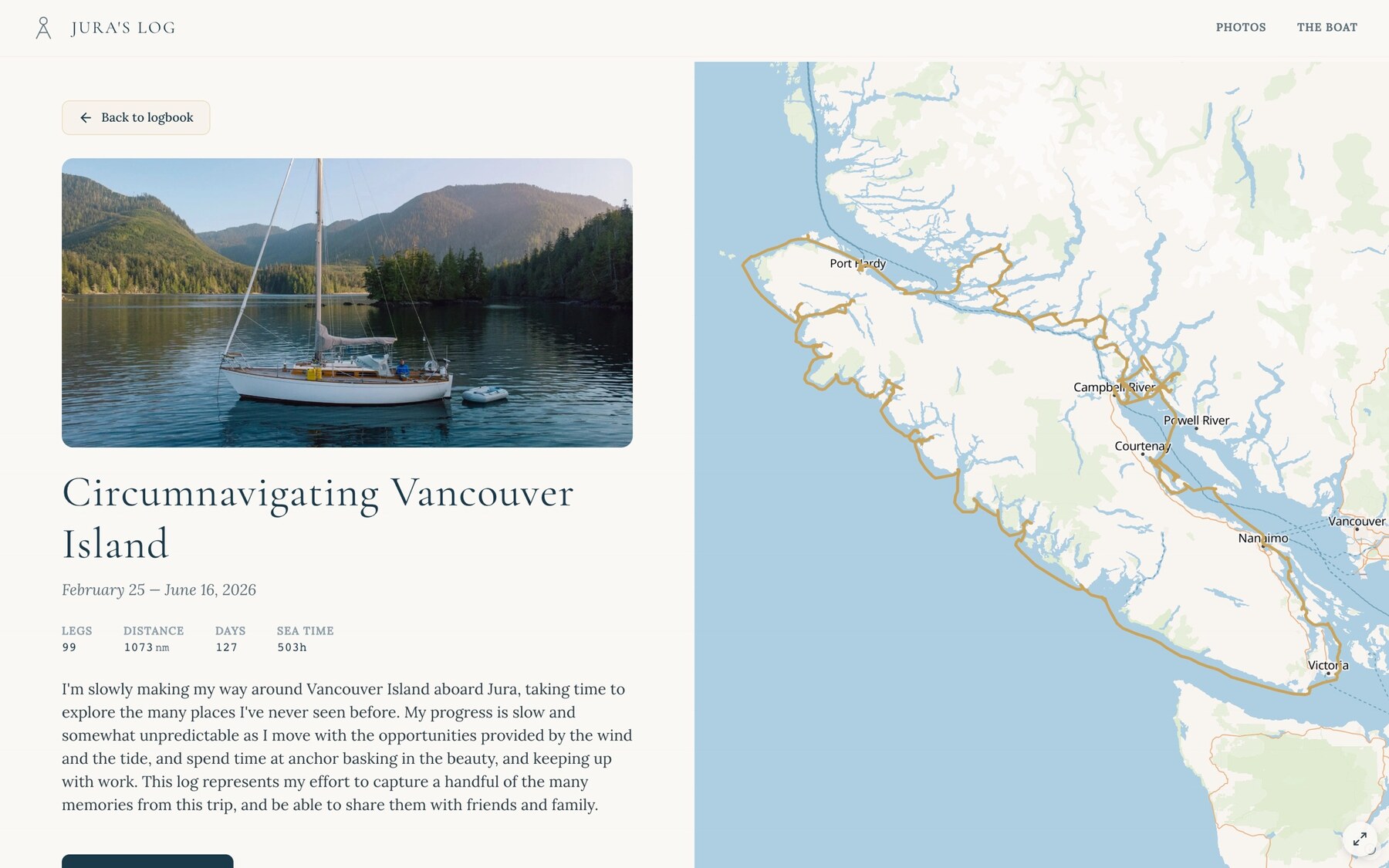 A voyage page — the boat at anchor, 'Circumnavigating Vancouver Island', and the charted track beside it