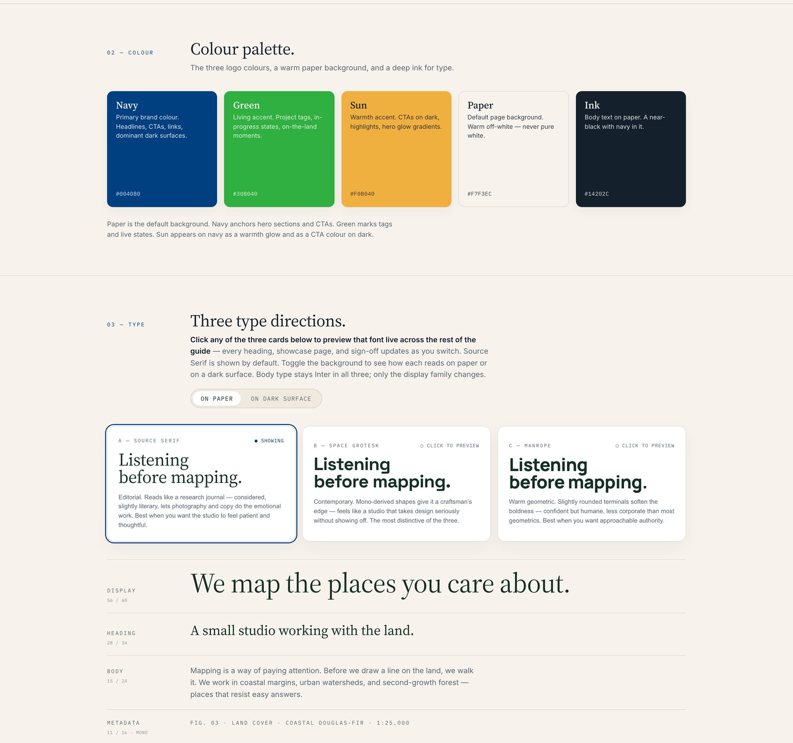 The Overstory design system — the colour palette as swatch cards, three type directions, and the type scale