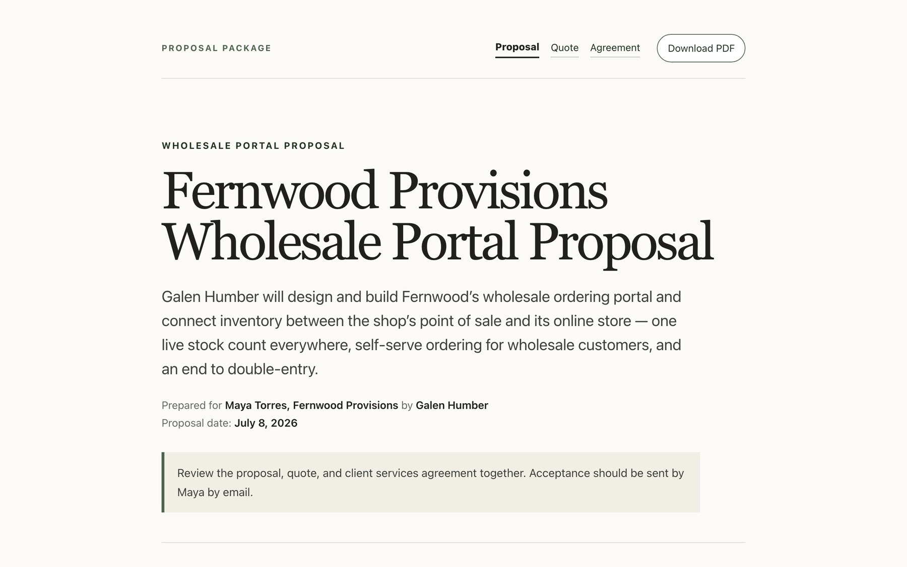 A client proposal portal — proposal, quote, and agreement together on one page